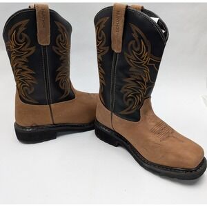 Hunthor Mens Steel Toe Western Work Boot Leather Square Toe Slip Resistant Tan 9